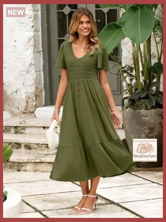 Boho Maxi Dress with Pockets Smocked Waist Flowy Tiered Summer Casual - Picture 4 of 7